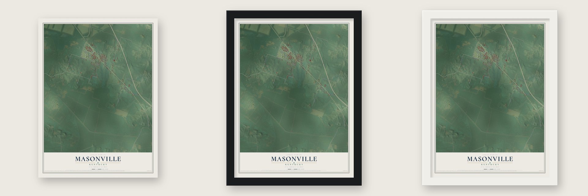 Masonville, Kentucky map unframed, in a black wood frame and in a white wood frame