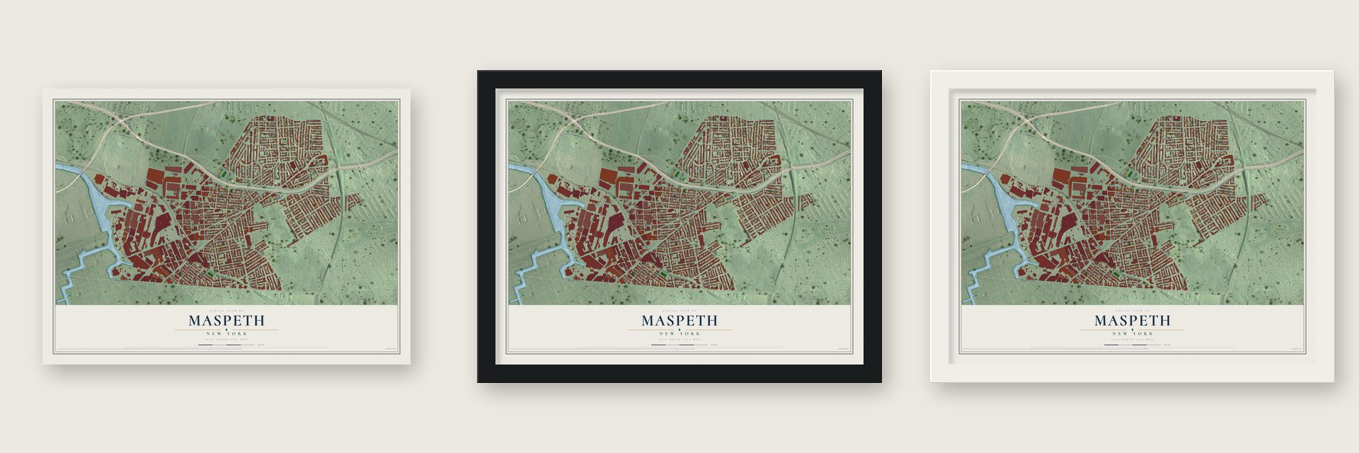 Maspeth, New York map unframed, in a black wood frame and in a white wood frame