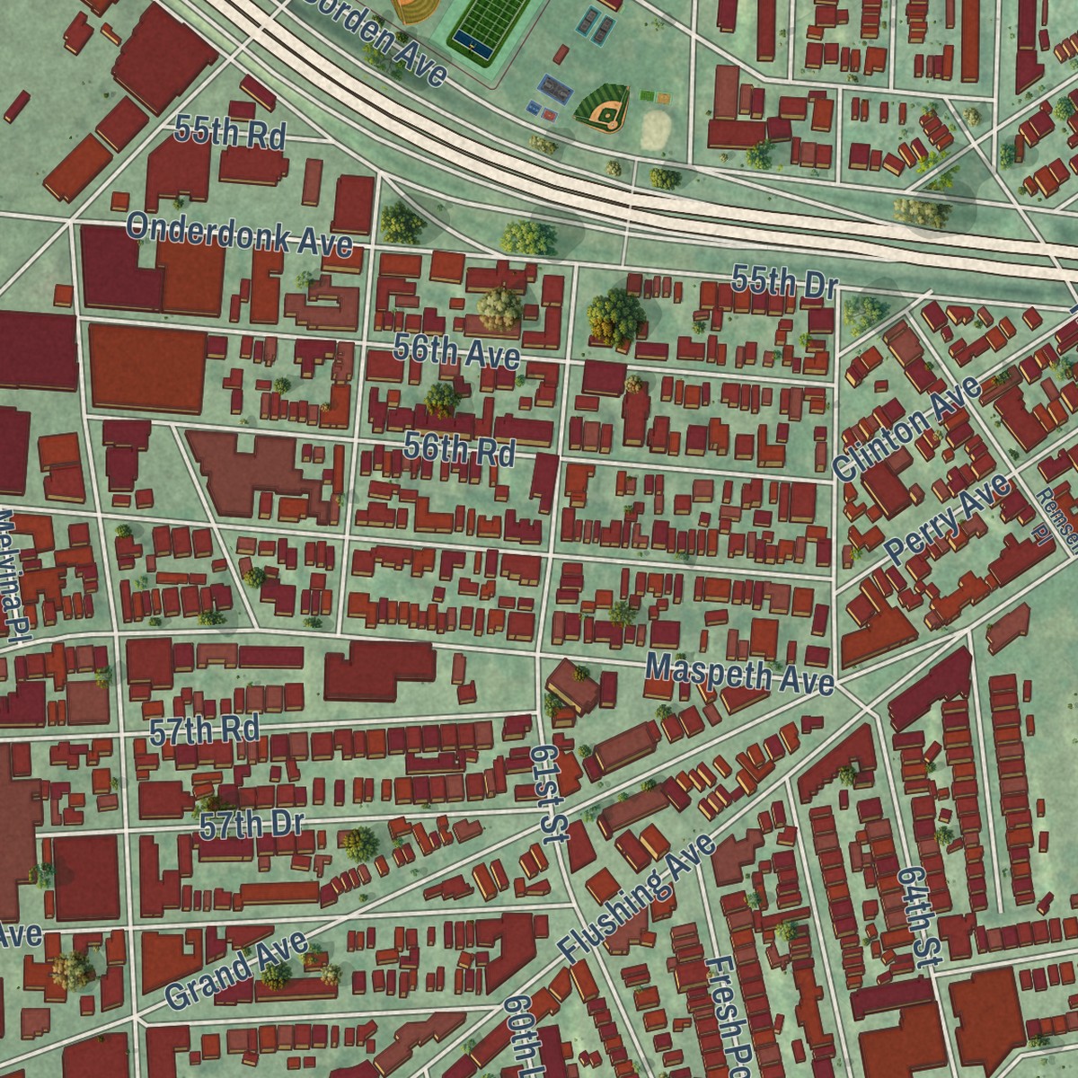 Second close-up of the map of Maspeth, New York print showing more streets and buildings