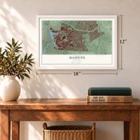Maspeth, New York map, 12 x 18 inch print in a white frame in an entryway