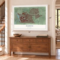 Maspeth, New York map, 24 x 36 inch print in a white frame above a dresser by a staircase