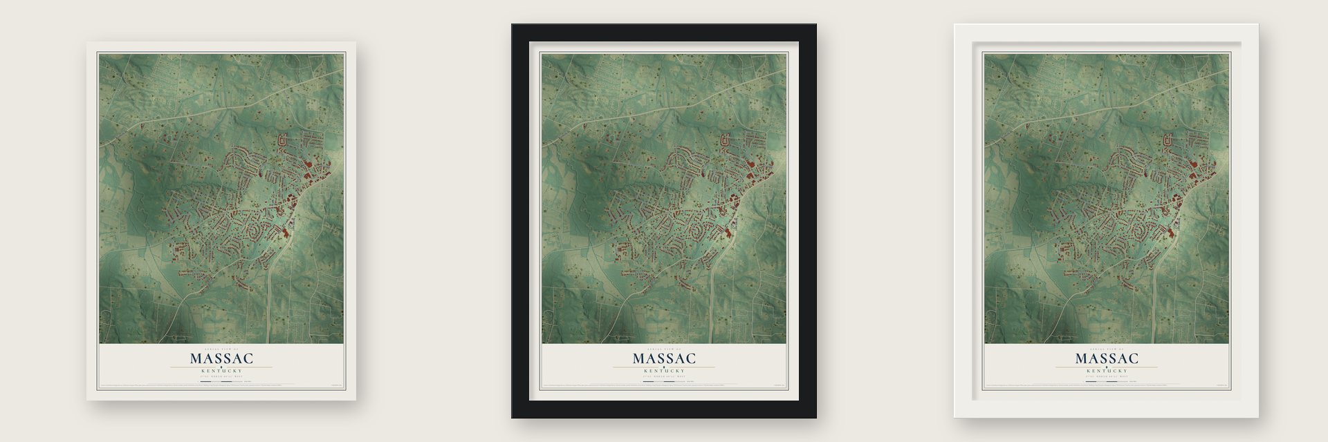 Massac, Kentucky map unframed, in a black wood frame and in a white wood frame