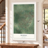 Massac, Kentucky map, 24 x 36 inch print in a white frame by a staircase