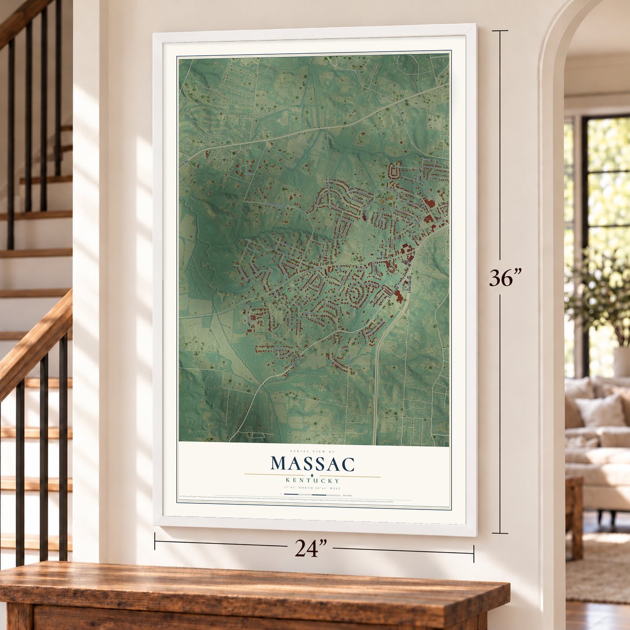 Massac, Kentucky map, 24 x 36 inch print in a white frame by a staircase