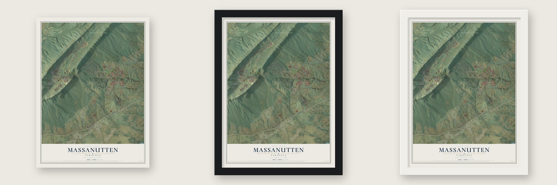 Massanutten, Virginia map unframed, in a black wood frame and in a white wood frame