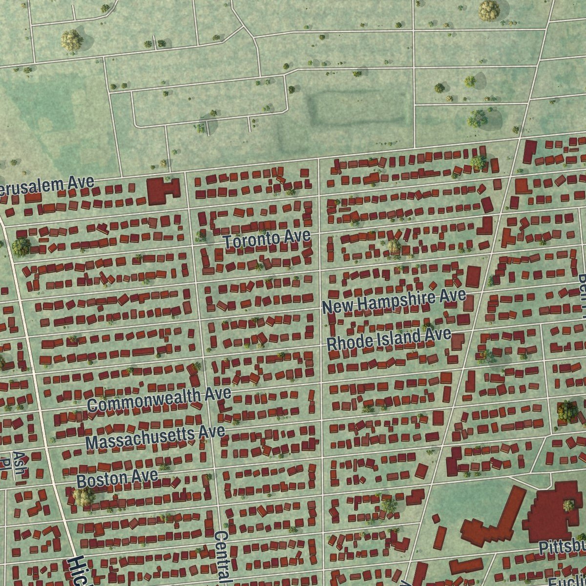 Second close-up of the map of Massapequa, New York print showing more streets and buildings