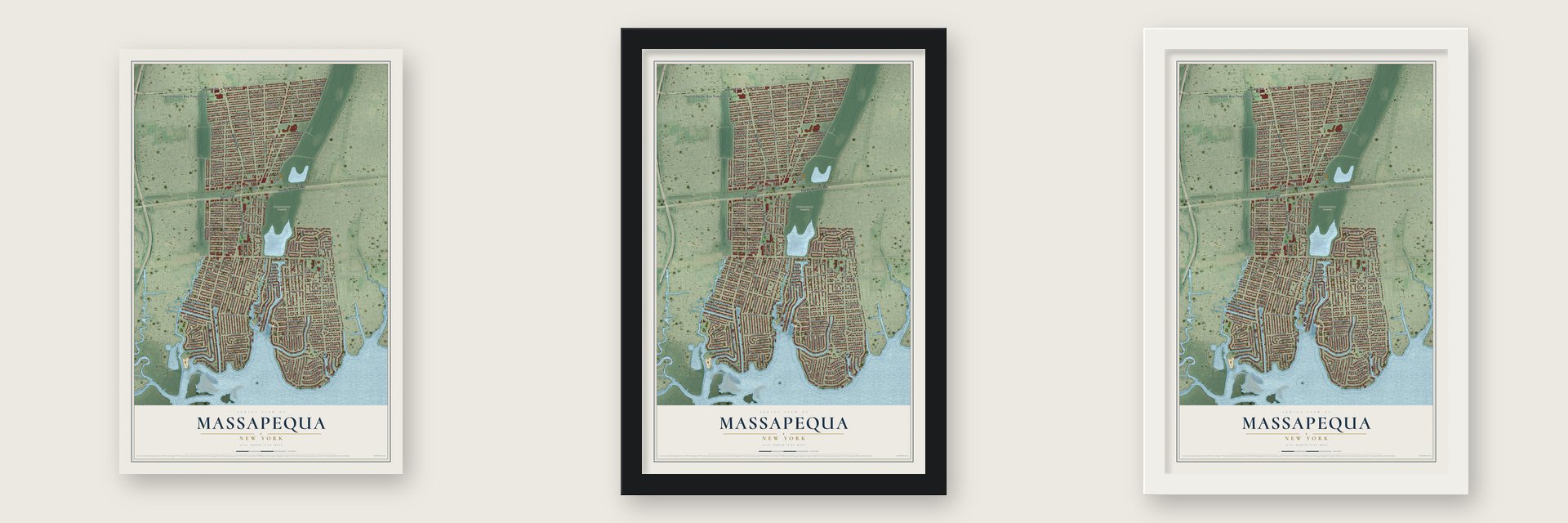 Massapequa, New York map unframed, in a black wood frame and in a white wood frame