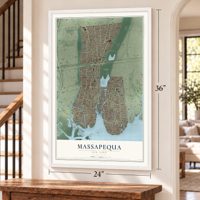 Massapequa, New York map, 24 x 36 inch print in a white frame by a staircase