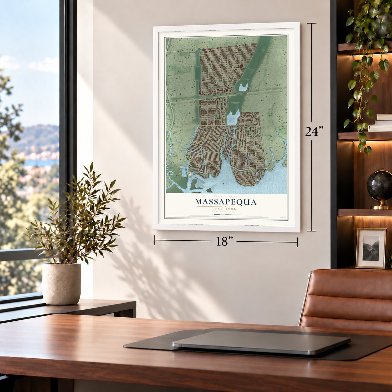 Massapequa, New York map, 18 x 24 inch print in a white frame in a home office