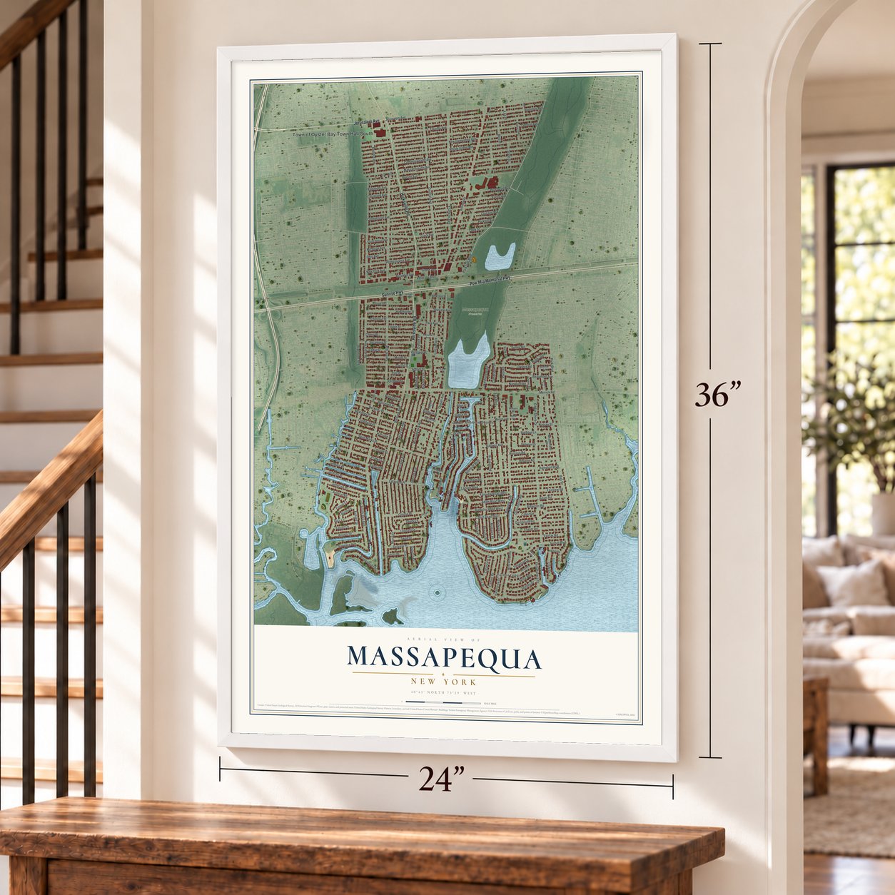 Massapequa, New York map, 24 x 36 inch print in a white frame by a staircase