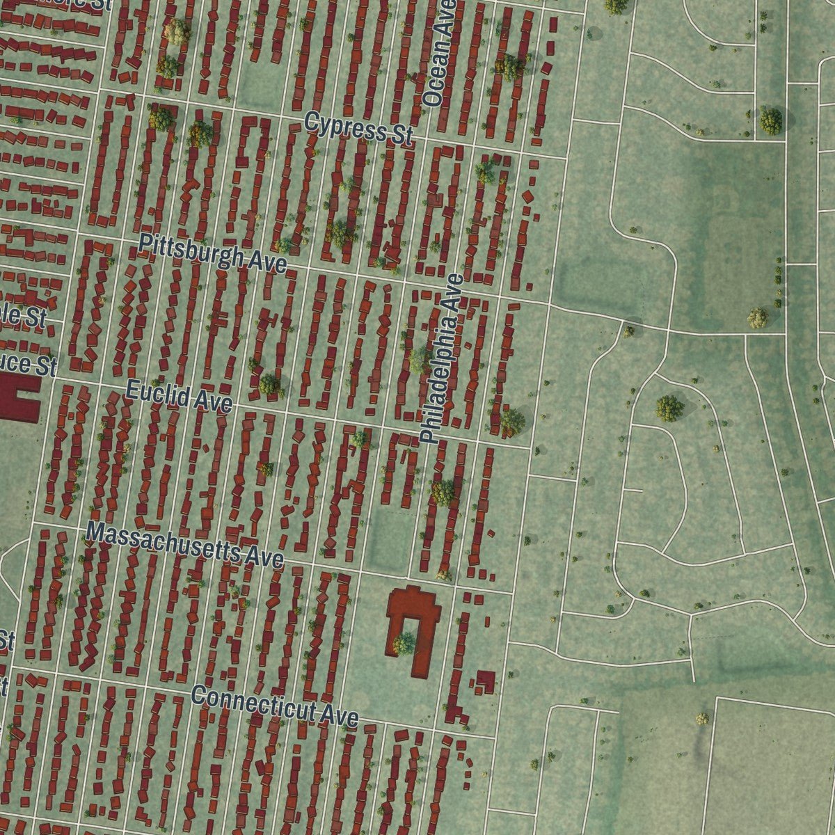 Second close-up of the map of Massapequa Park, New York print showing more streets and buildings