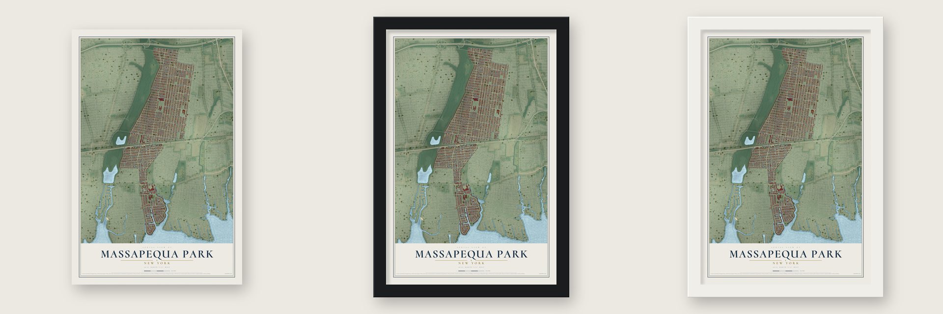 Massapequa Park, New York map unframed, in a black wood frame and in a white wood frame