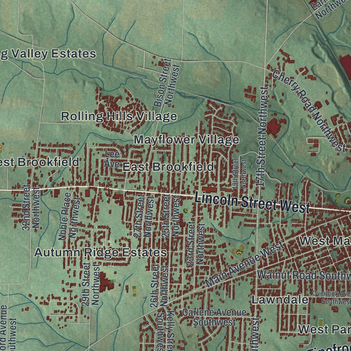 Second close-up of the map of Massillon, Ohio print showing more streets and buildings