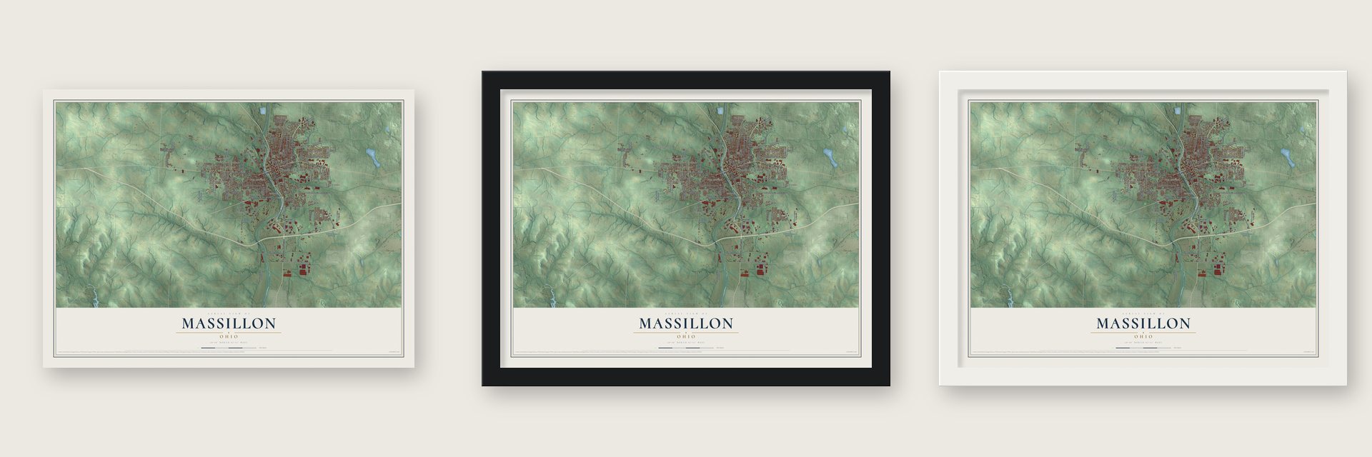 Massillon, Ohio map unframed, in a black wood frame and in a white wood frame