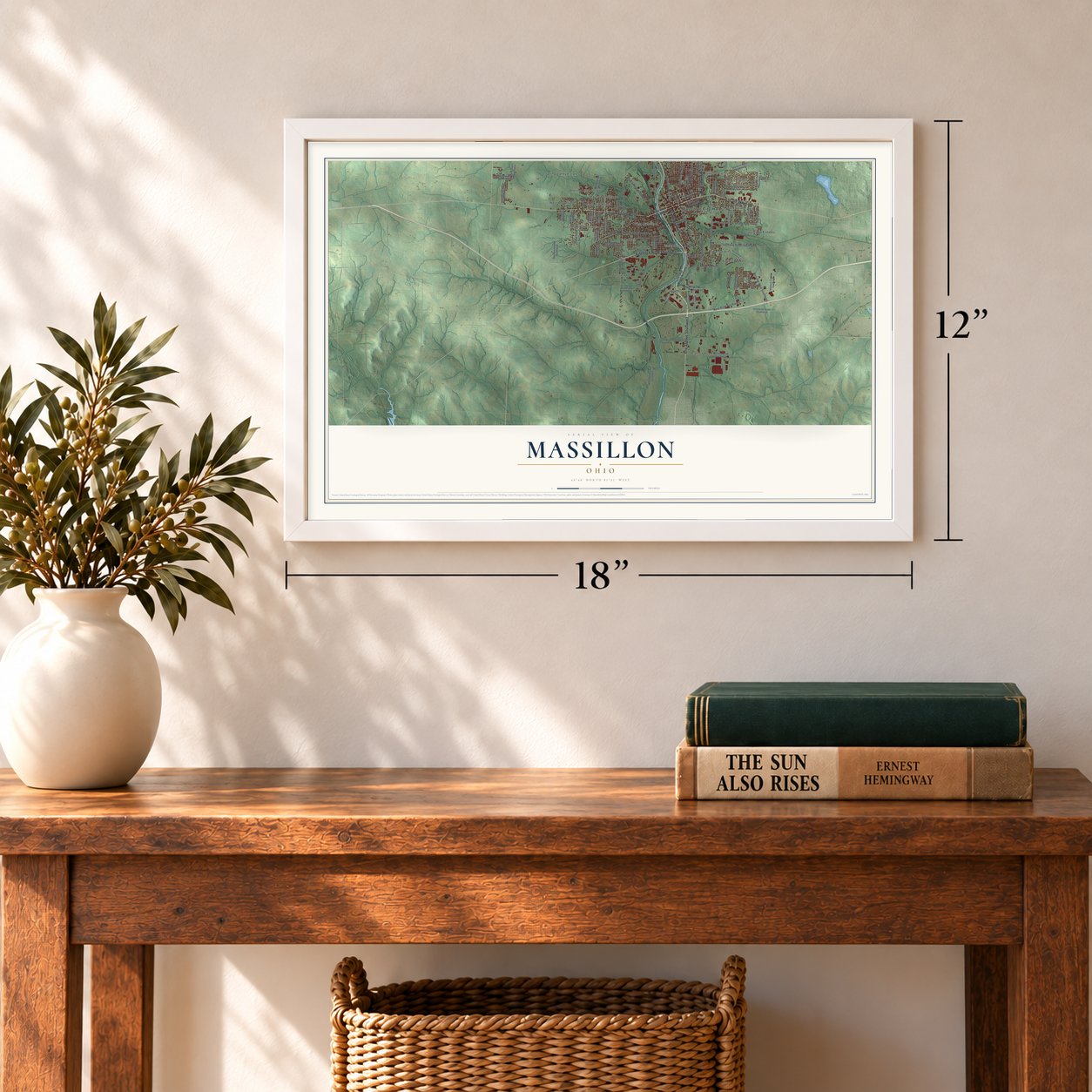 Massillon, Ohio map, 12 x 18 inch print in a white frame in an entryway