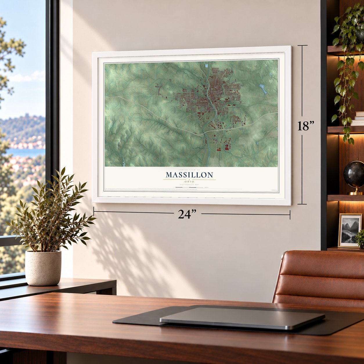 Massillon, Ohio map, 18 x 24 inch print in a white frame in a home office