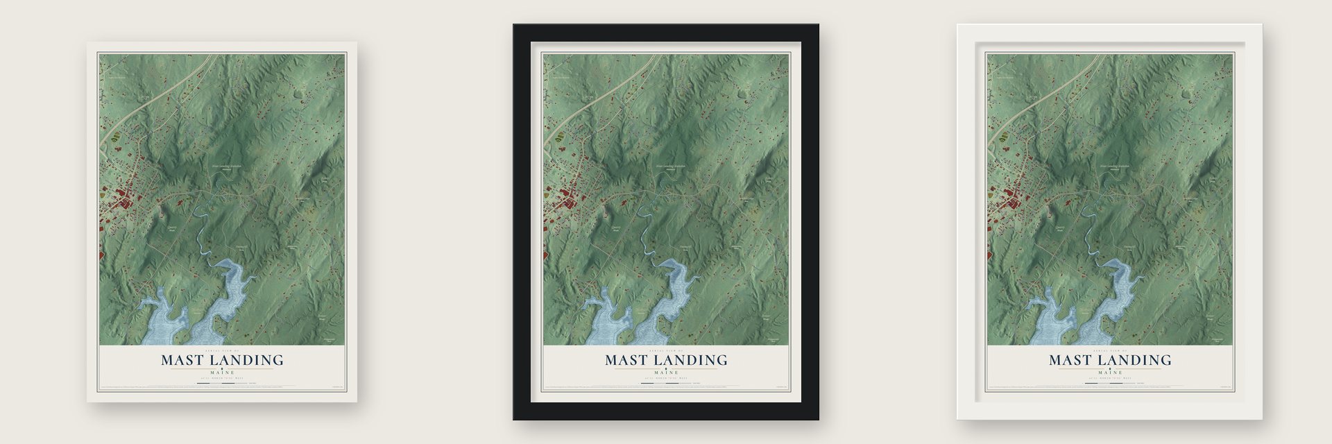 Mast Landing, Maine map unframed, in a black wood frame and in a white wood frame