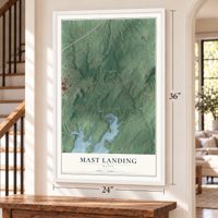 Mast Landing, Maine map, 24 x 36 inch print in a white frame by a staircase