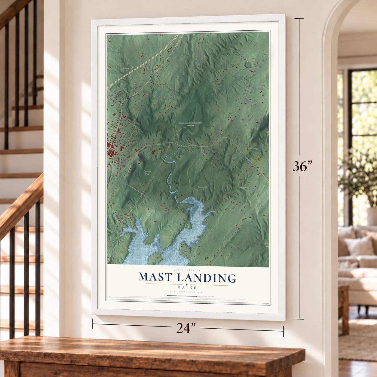 Mast Landing, Maine map, 24 x 36 inch print in a white frame by a staircase