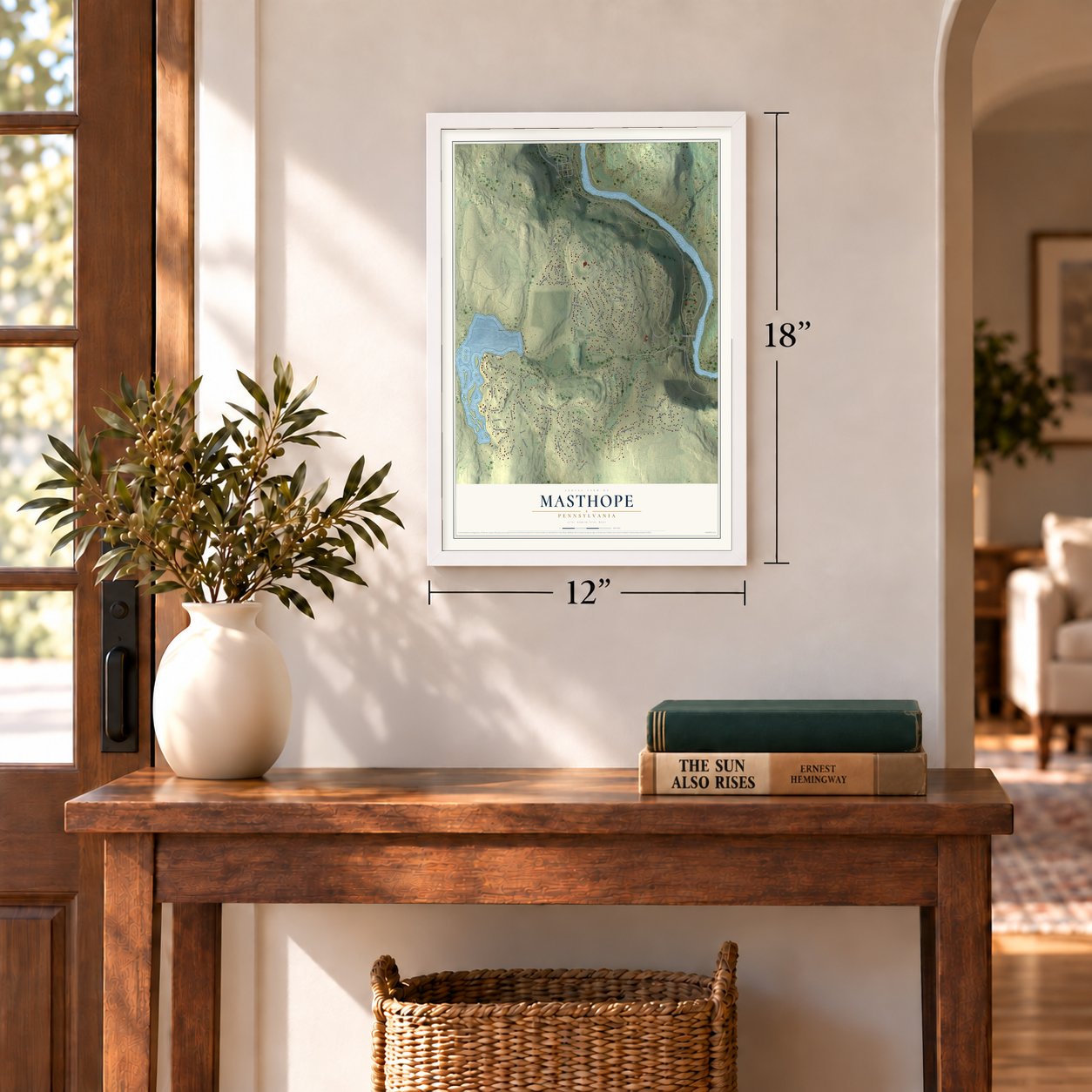 Masthope, Pennsylvania map, 12 x 18 inch print in a white frame in an entryway