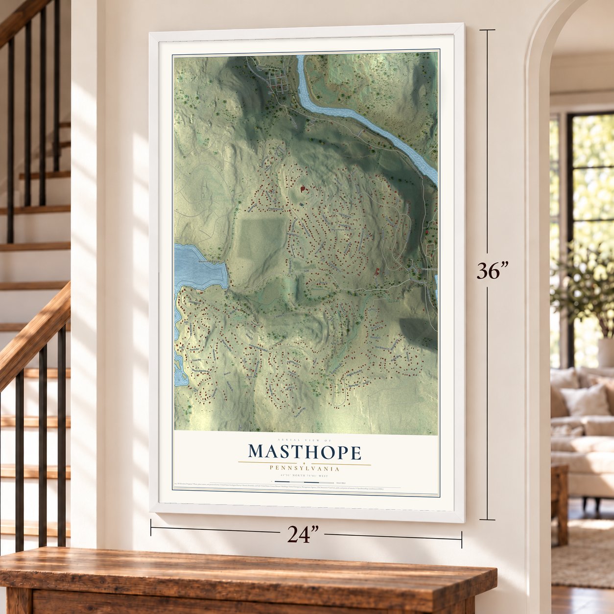 Masthope, Pennsylvania map, 24 x 36 inch print in a white frame by a staircase