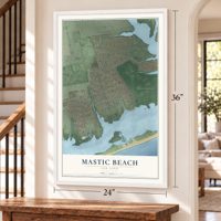 Mastic Beach, New York map, 24 x 36 inch print in a white frame by a staircase