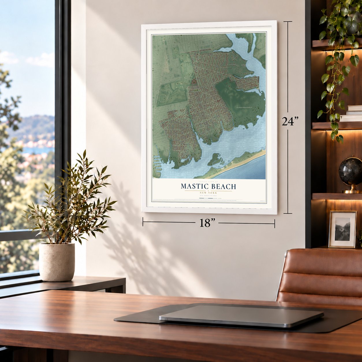 Mastic Beach, New York map, 18 x 24 inch print in a white frame in a home office
