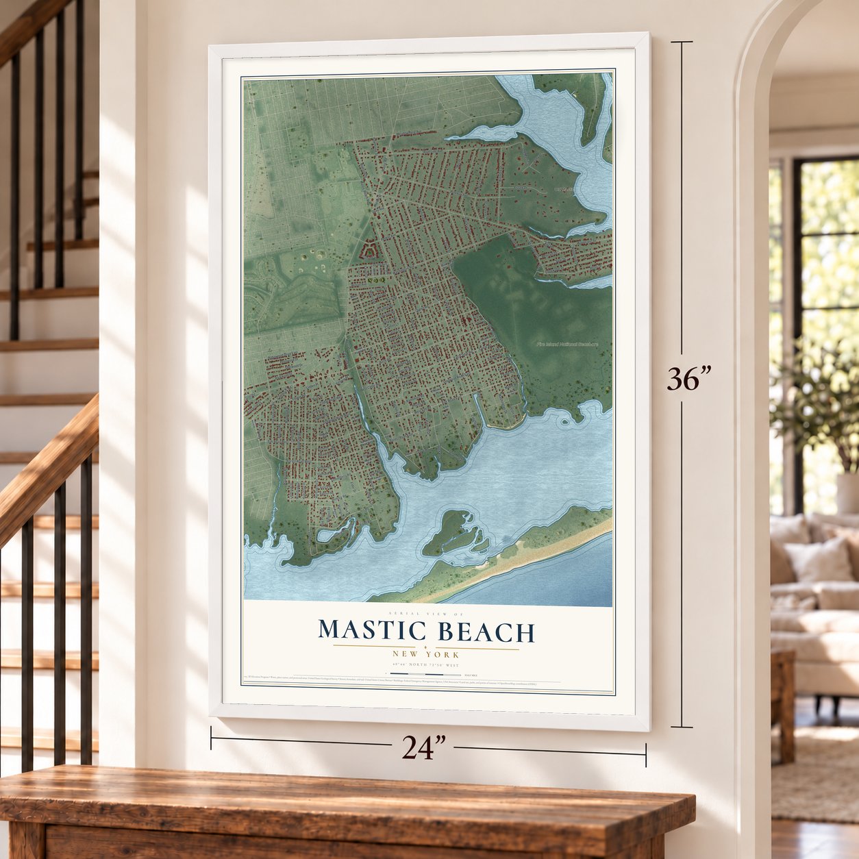 Mastic Beach, New York map, 24 x 36 inch print in a white frame by a staircase