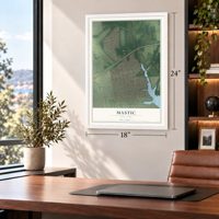 Mastic, New York map, 18 x 24 inch print in a white frame in a home office