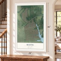 Mastic, New York map, 24 x 36 inch print in a white frame by a staircase