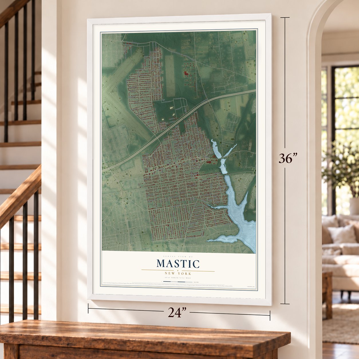 Mastic, New York map, 24 x 36 inch print in a white frame by a staircase
