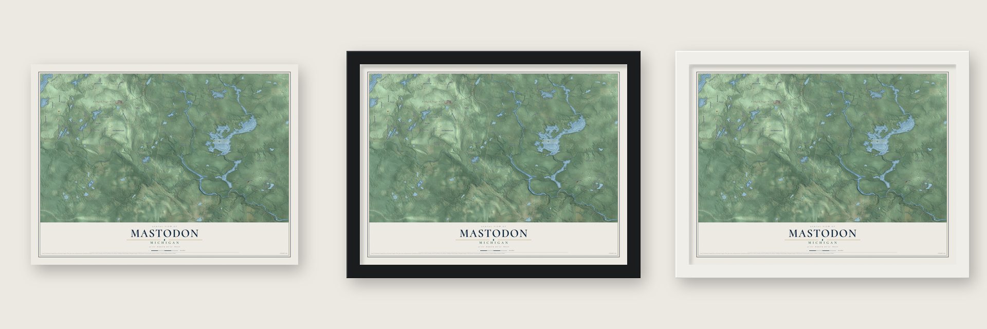 Mastodon, Michigan map unframed, in a black wood frame and in a white wood frame