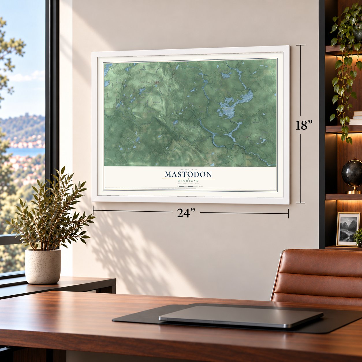 Mastodon, Michigan map, 18 x 24 inch print in a white frame in a home office