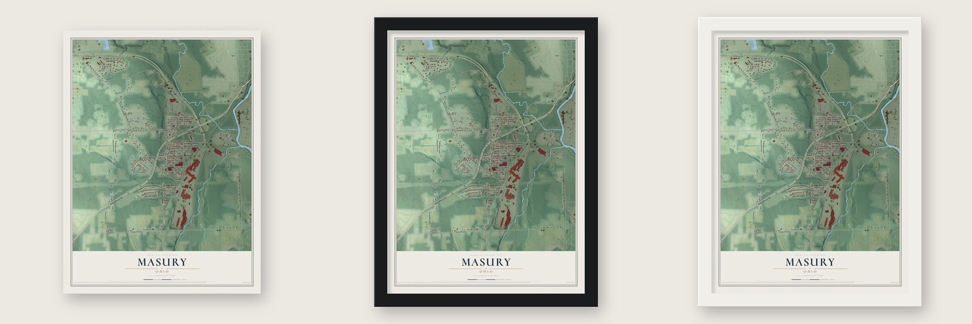 Masury, Ohio map unframed, in a black wood frame and in a white wood frame