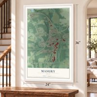 Masury, Ohio map, 24 x 36 inch print in a white frame by a staircase