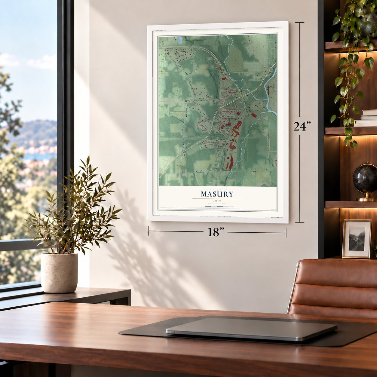 Masury, Ohio map, 18 x 24 inch print in a white frame in a home office