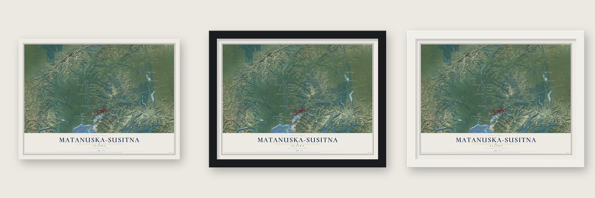 Matanuska-Susitna, Alaska map unframed, in a black wood frame and in a white wood frame