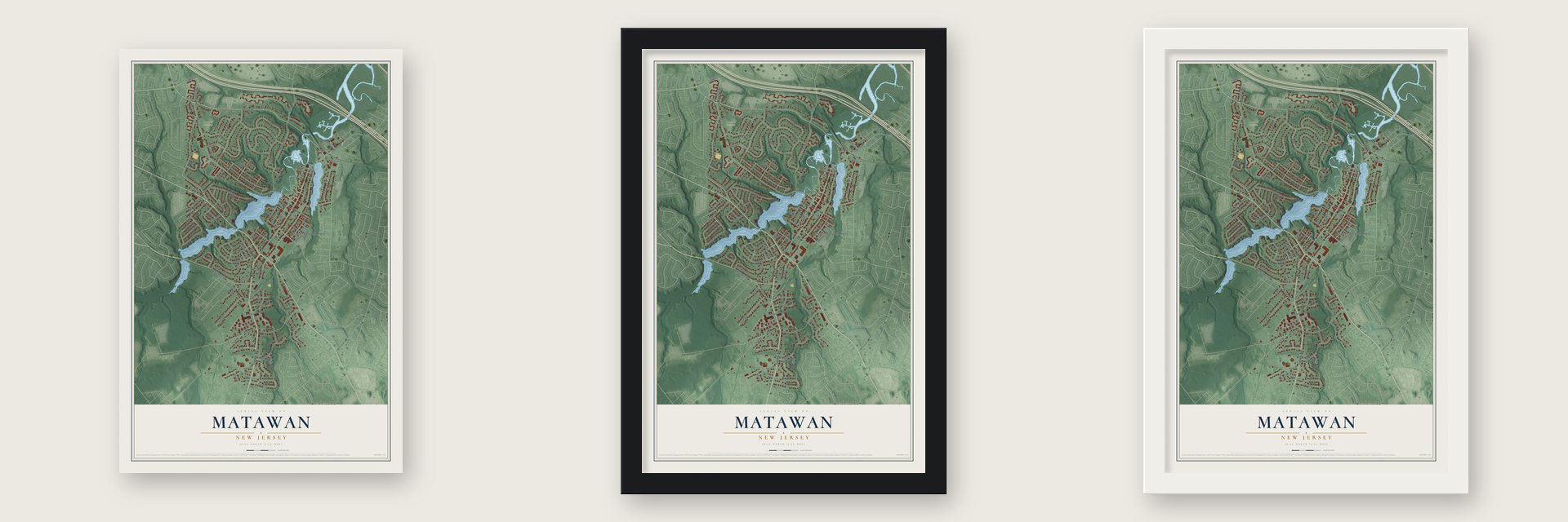 Matawan, New Jersey map unframed, in a black wood frame and in a white wood frame