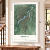 Matawan, New Jersey map, 24 x 36 inch print in a white frame by a staircase