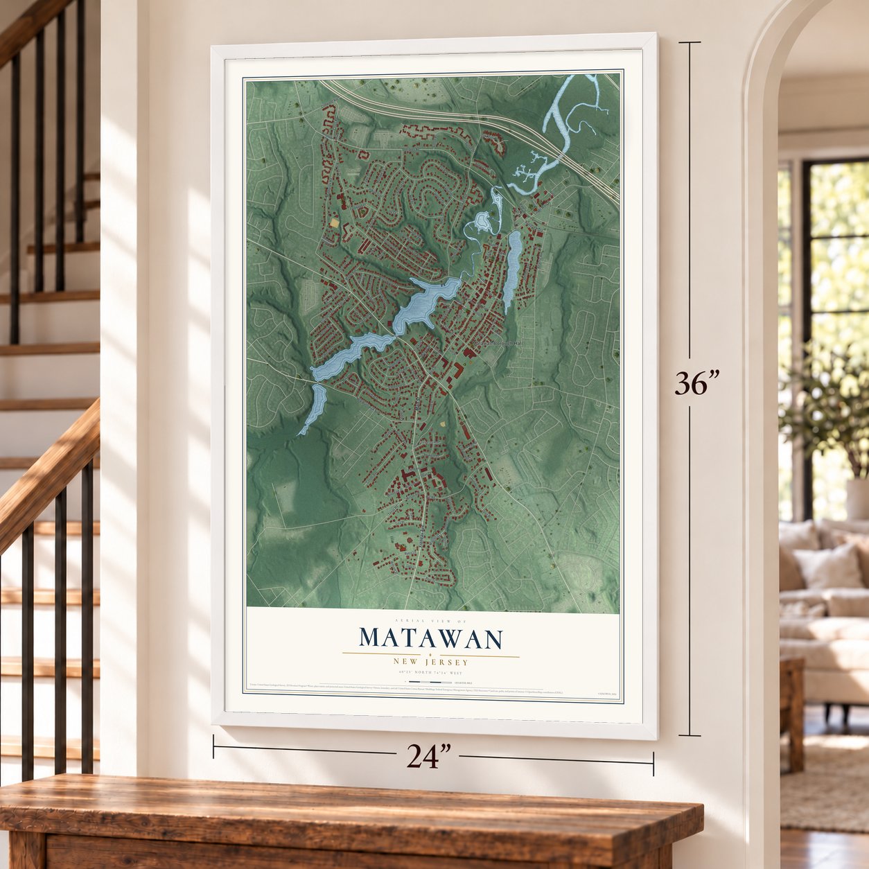 Matawan, New Jersey map, 24 x 36 inch print in a white frame by a staircase