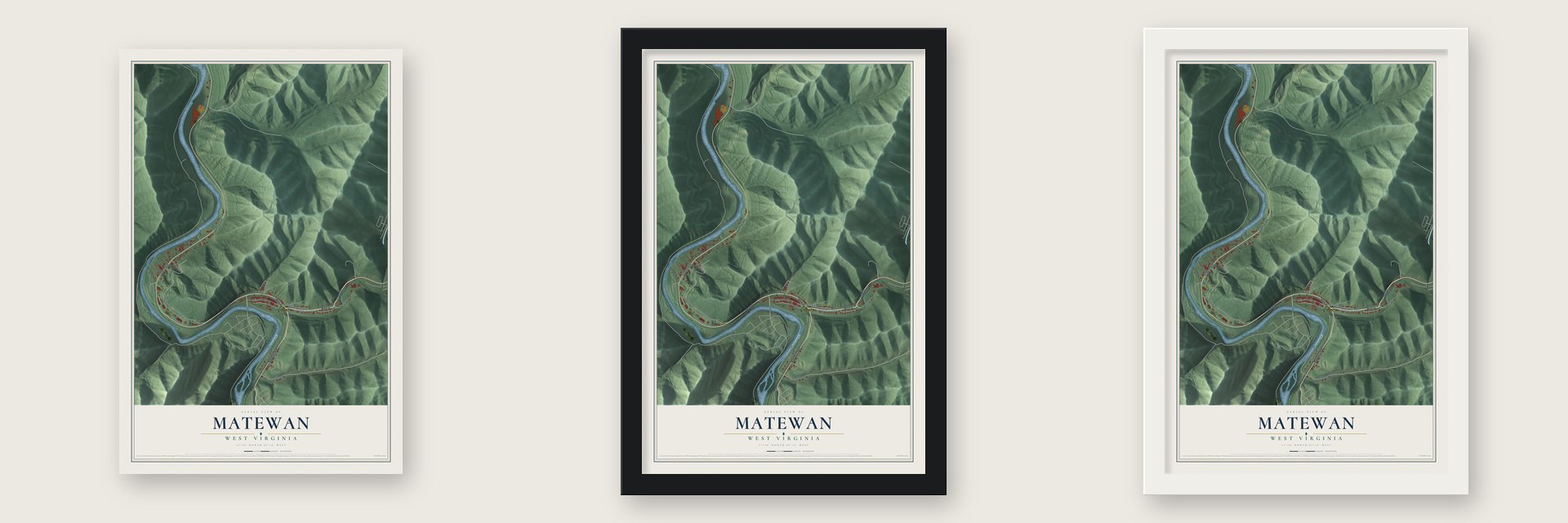 Matewan, West Virginia map unframed, in a black wood frame and in a white wood frame