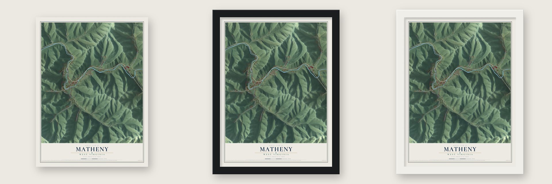Matheny, West Virginia map unframed, in a black wood frame and in a white wood frame