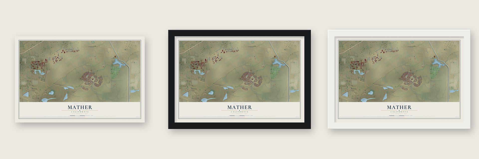 Mather, California map unframed, in a black wood frame and in a white wood frame