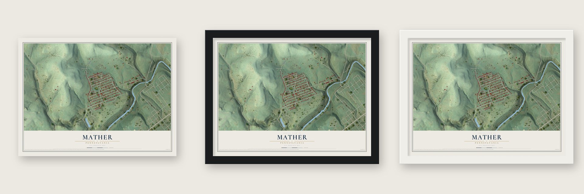Mather, Pennsylvania map unframed, in a black wood frame and in a white wood frame