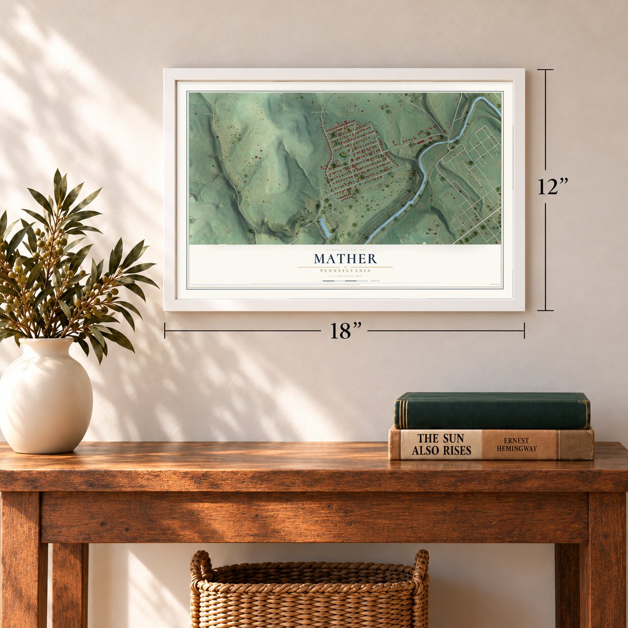 Mather, Pennsylvania map, 12 x 18 inch print in a white frame in an entryway