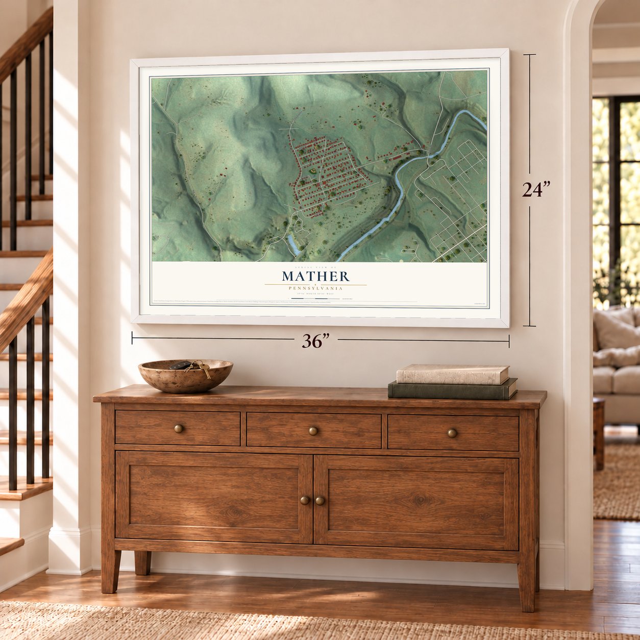 Mather, Pennsylvania map, 24 x 36 inch print in a white frame above a dresser by a staircase