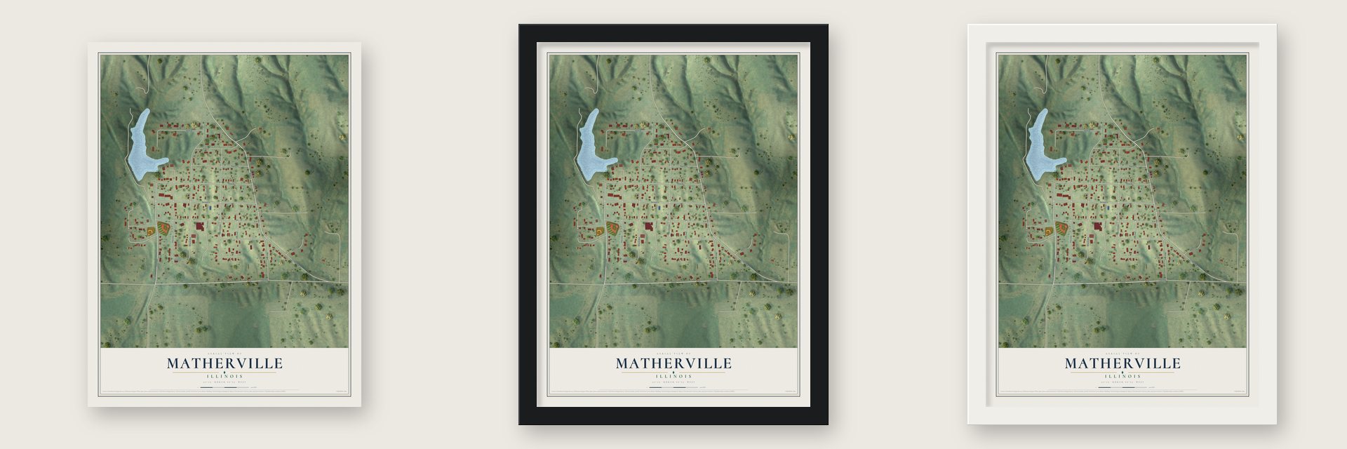 Matherville, Illinois map unframed, in a black wood frame and in a white wood frame