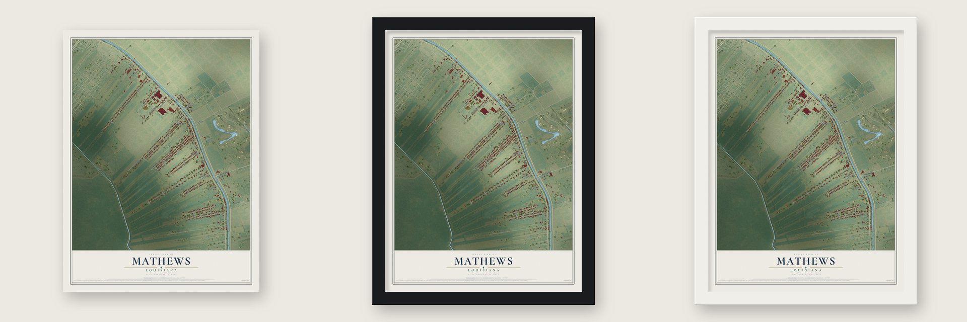 Mathews, Louisiana map unframed, in a black wood frame and in a white wood frame
