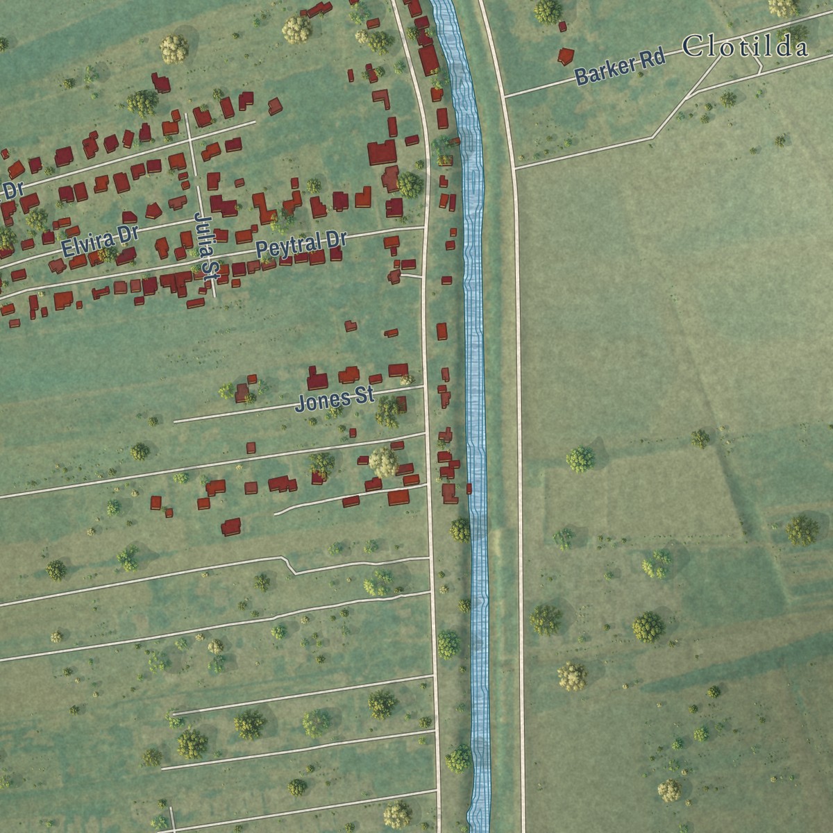 Second close-up of the map of Mathews, Louisiana print showing more streets and buildings