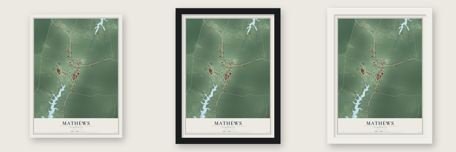 Mathews, Virginia map unframed, in a black wood frame and in a white wood frame